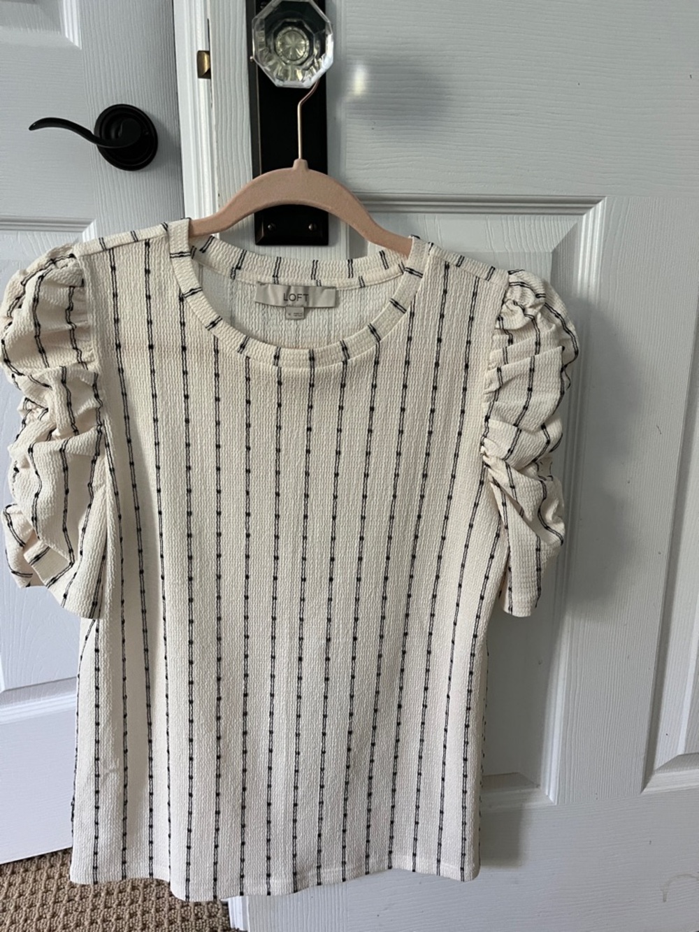 LOFT Cream and Black Striped Ruffle Sleeve women’s Top